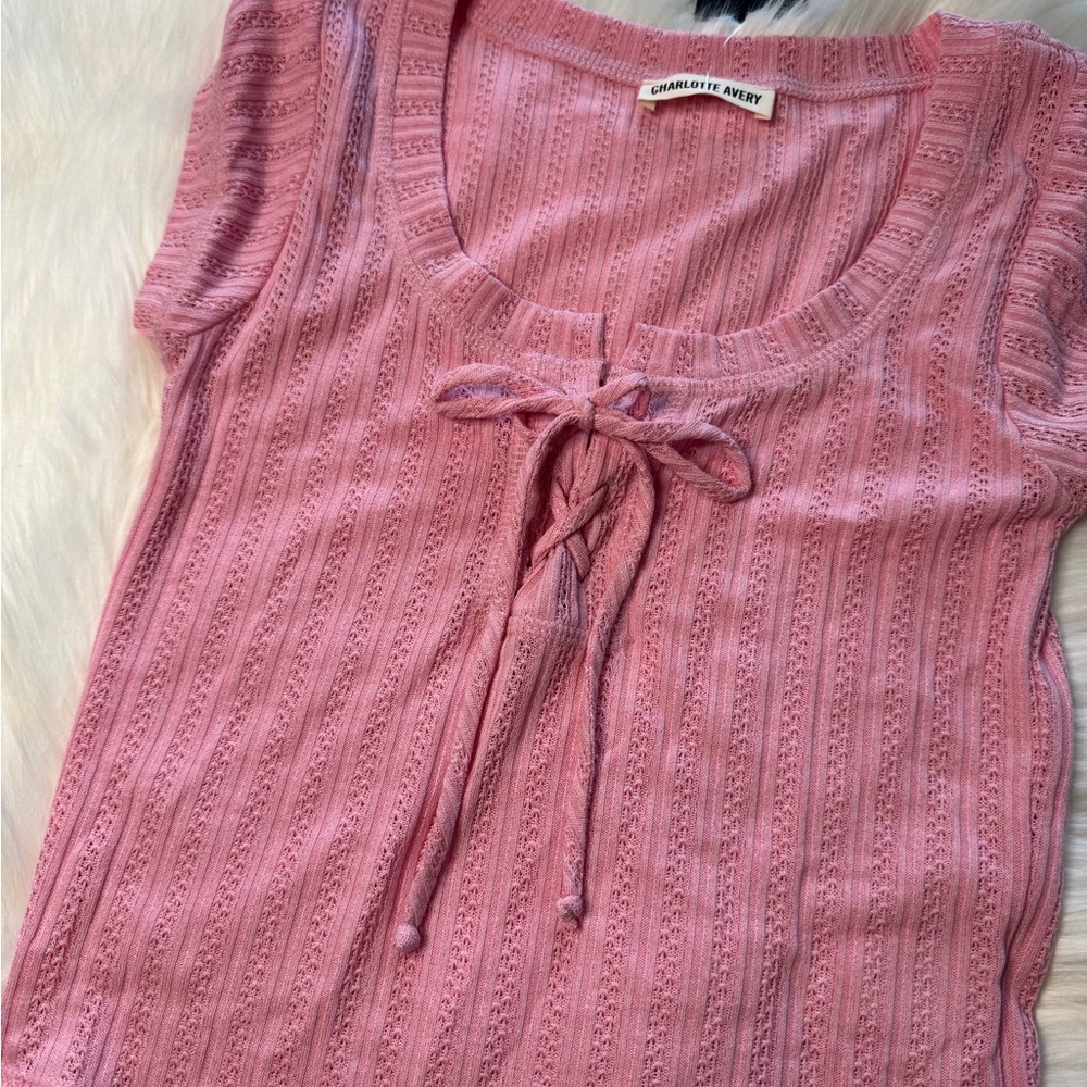 Pink Ribbed Tie Front Blouse - Picture 3 of 4